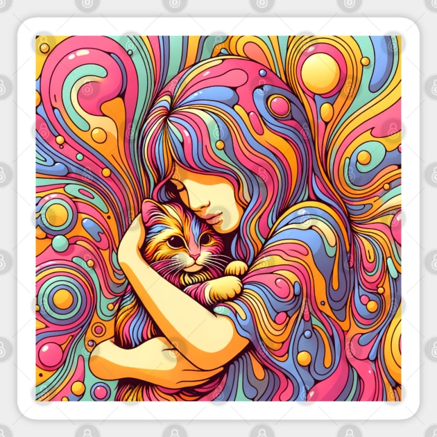 Psychedelic Girl and Cat Sticker by HolidayBug